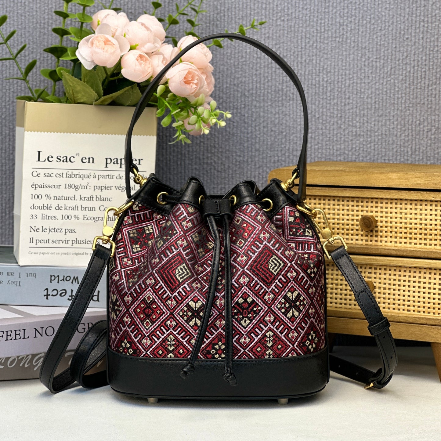 Guangxi Zhuang Brocade Top-Grain Cowhide Red Floral Pattern Clutch Bag Crossbody Bag Handbag