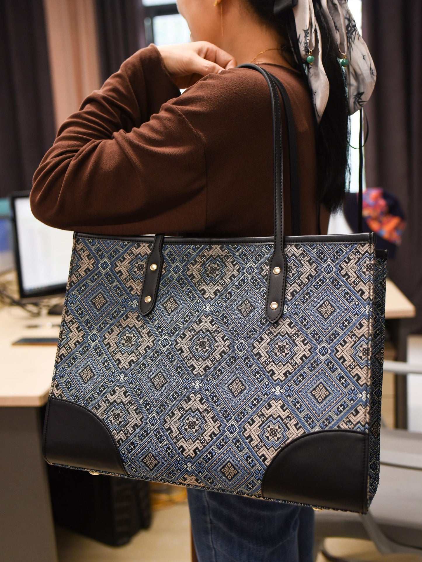 Guangxi Zhuang Brocade Tote Bag with Top-Grain Cowhide Shoulder Strap