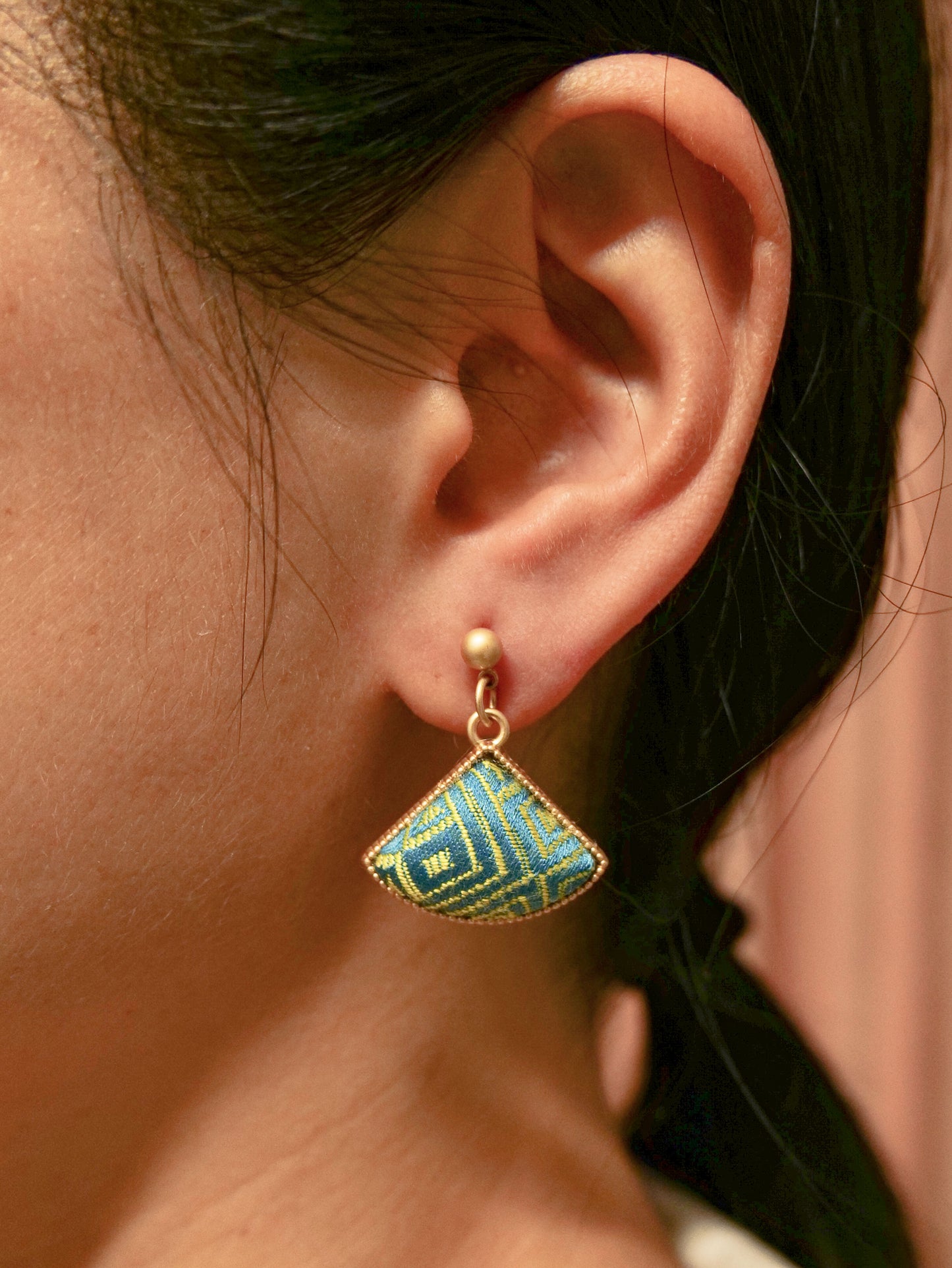 Guangxi Zhuang Brocade Patchwork Fan-Shaped Handmade Earrings