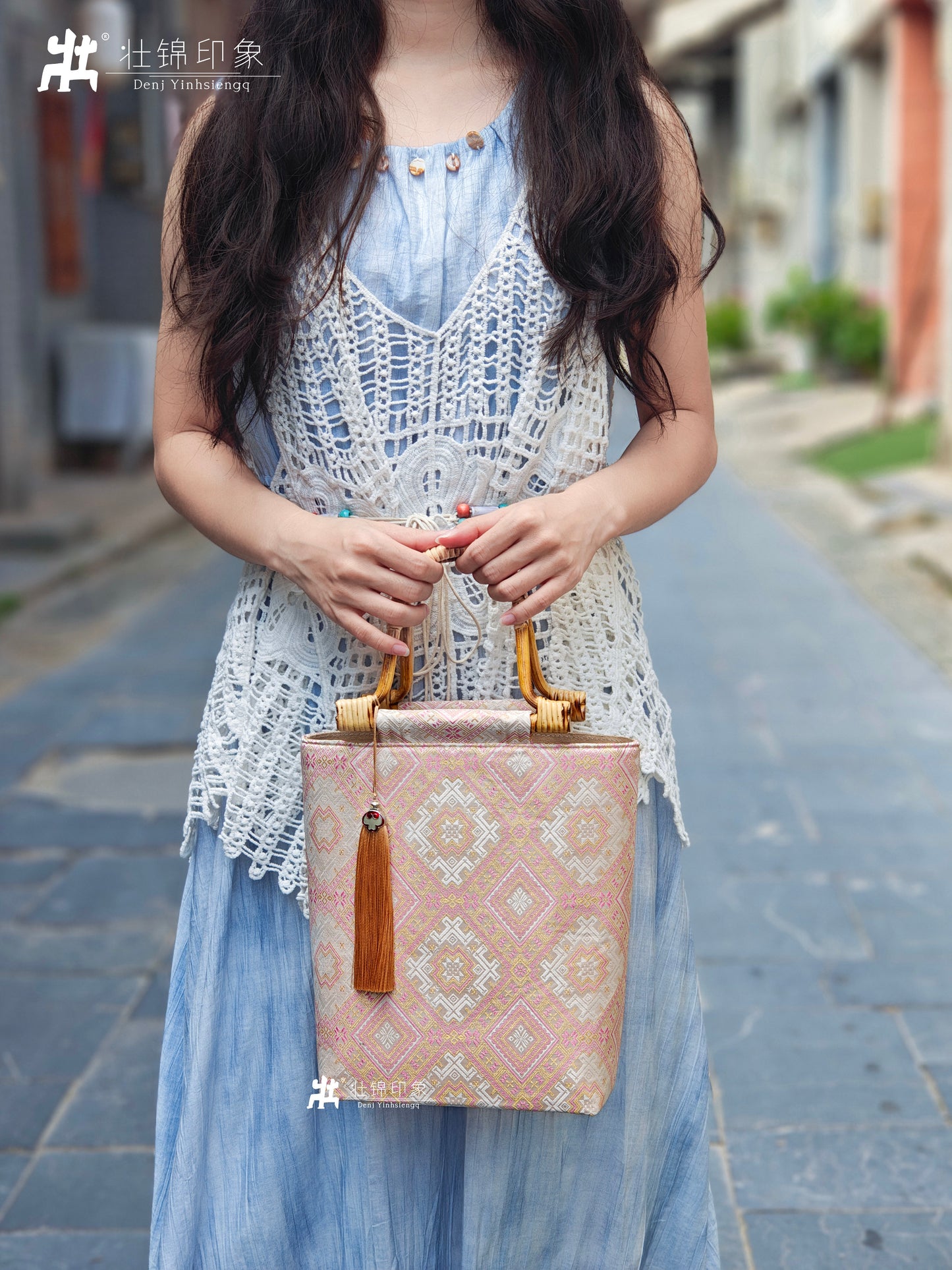 Medium-Sized Rattan Handbag with Guangxi Zhuang Brocade