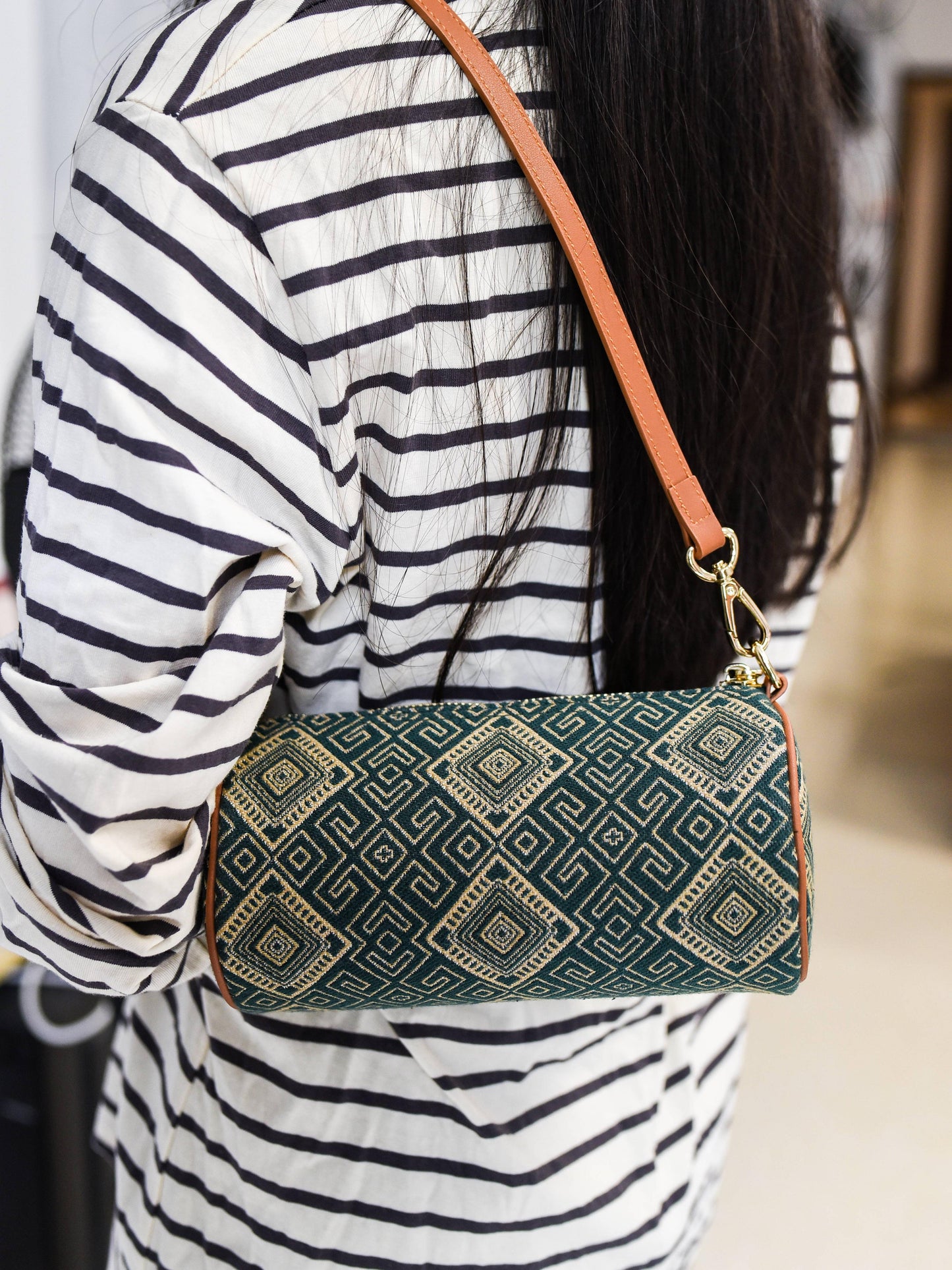 Guangxi Zhuang Brocade Pillow-Style Shoulder Bag with Top-Grain Cowhide Leather