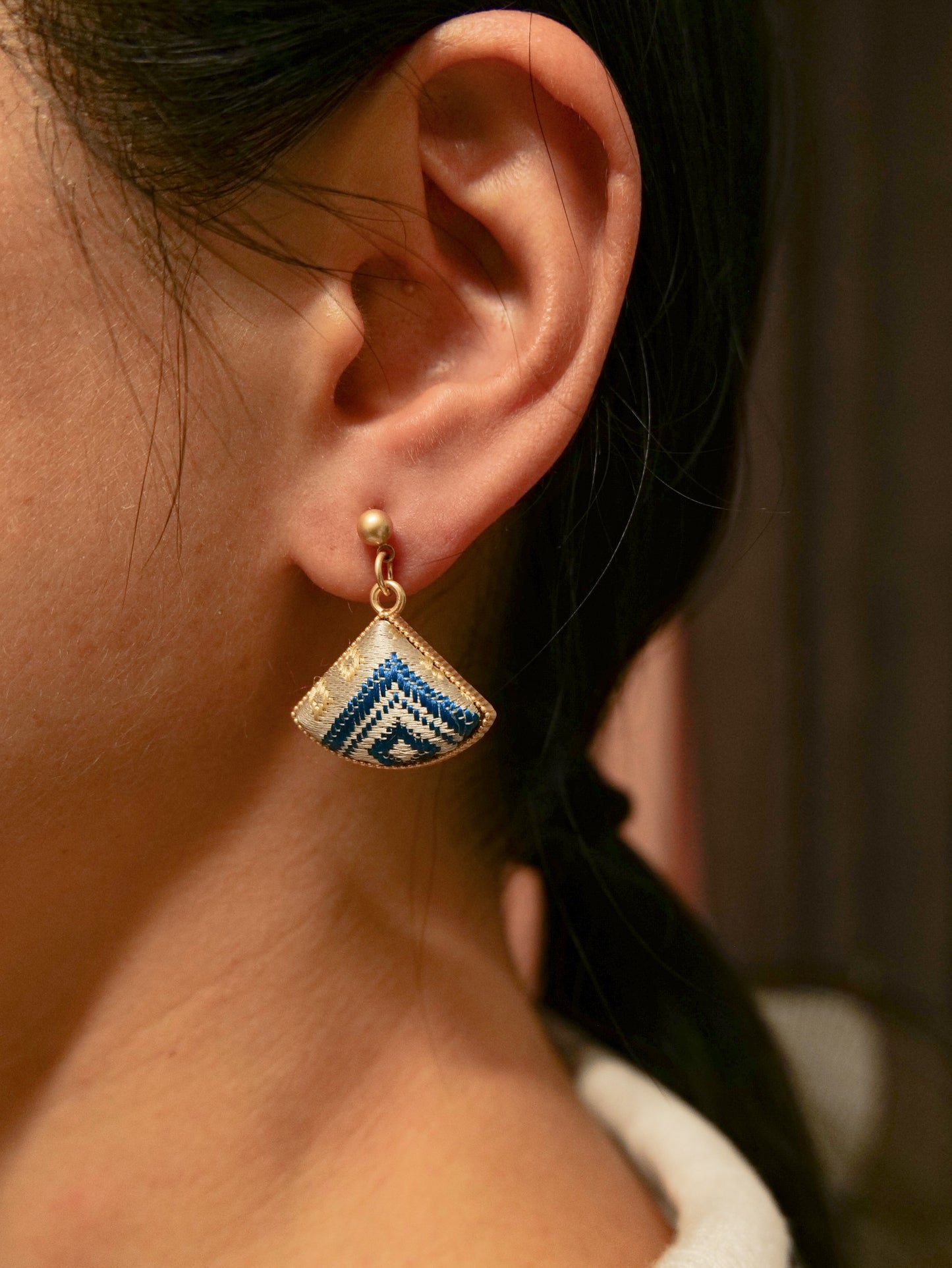 Guangxi Zhuang Brocade Patchwork Fan-Shaped Handmade Earrings