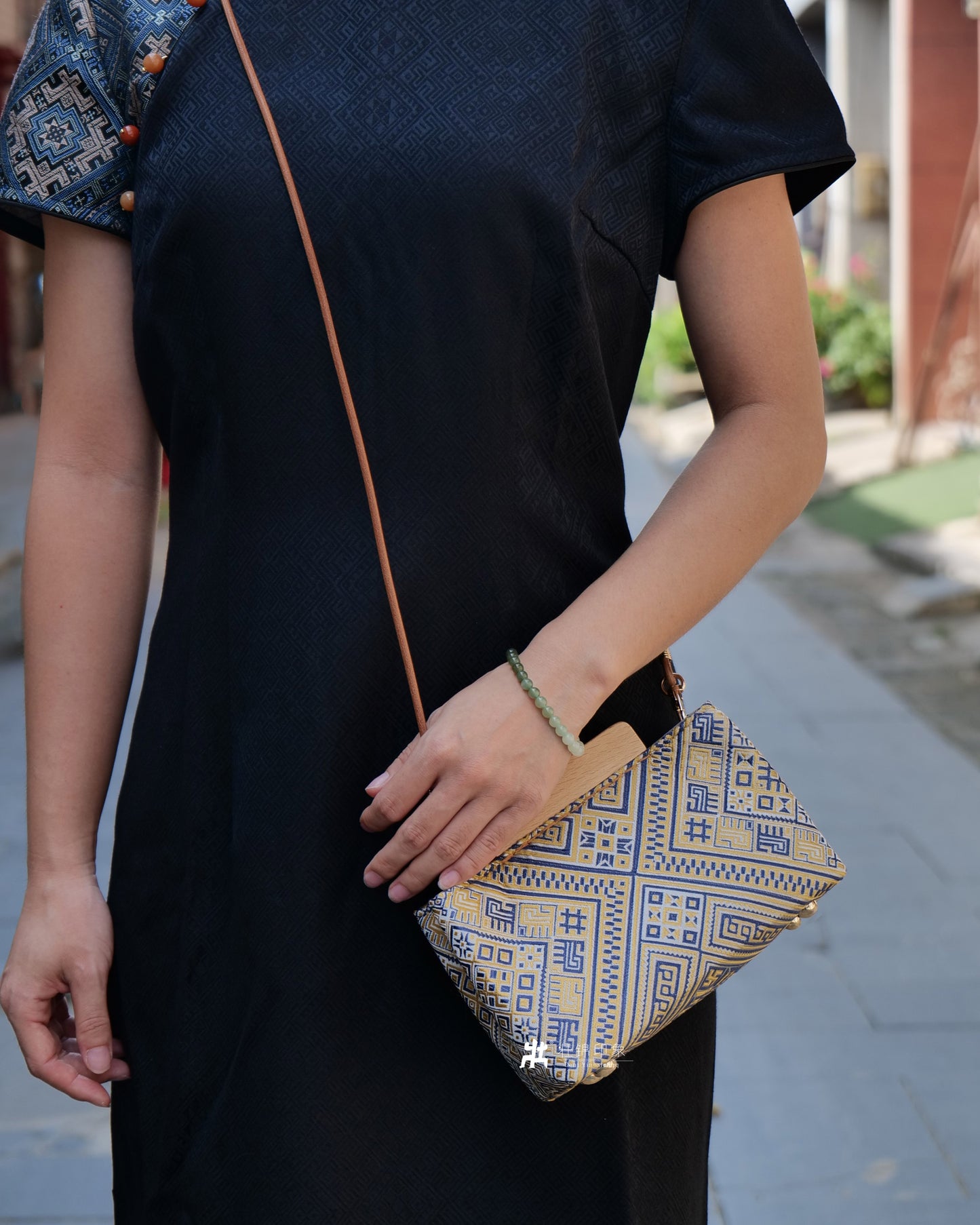 Guangxi Zhuang Brocade Magnetic Clutch Bag with Wooden Accents