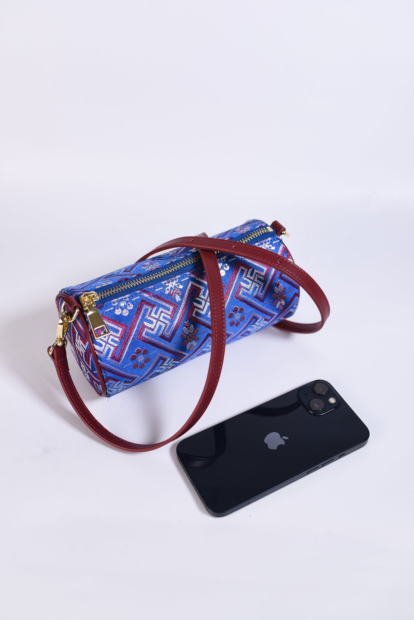 Guangxi Zhuang Brocade Pillow-Style Shoulder Bag with Top-Grain Cowhide Leather
