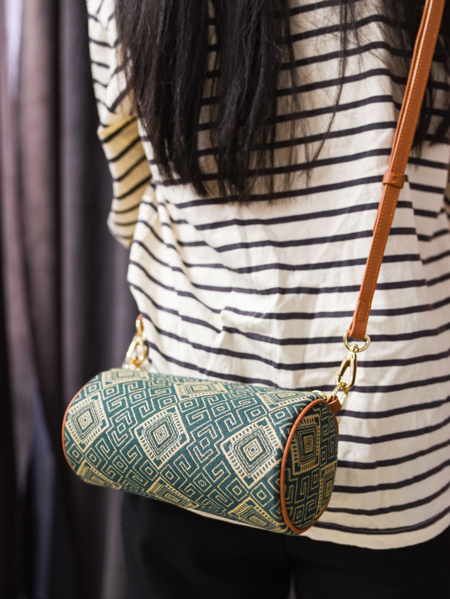 Guangxi Zhuang Brocade Pillow-Style Shoulder Bag with Top-Grain Cowhide Leather