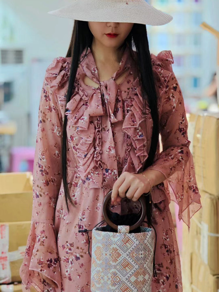 Guangxi Zhuang Brocade Round-Handled Wooden-Handle Bucket Bag