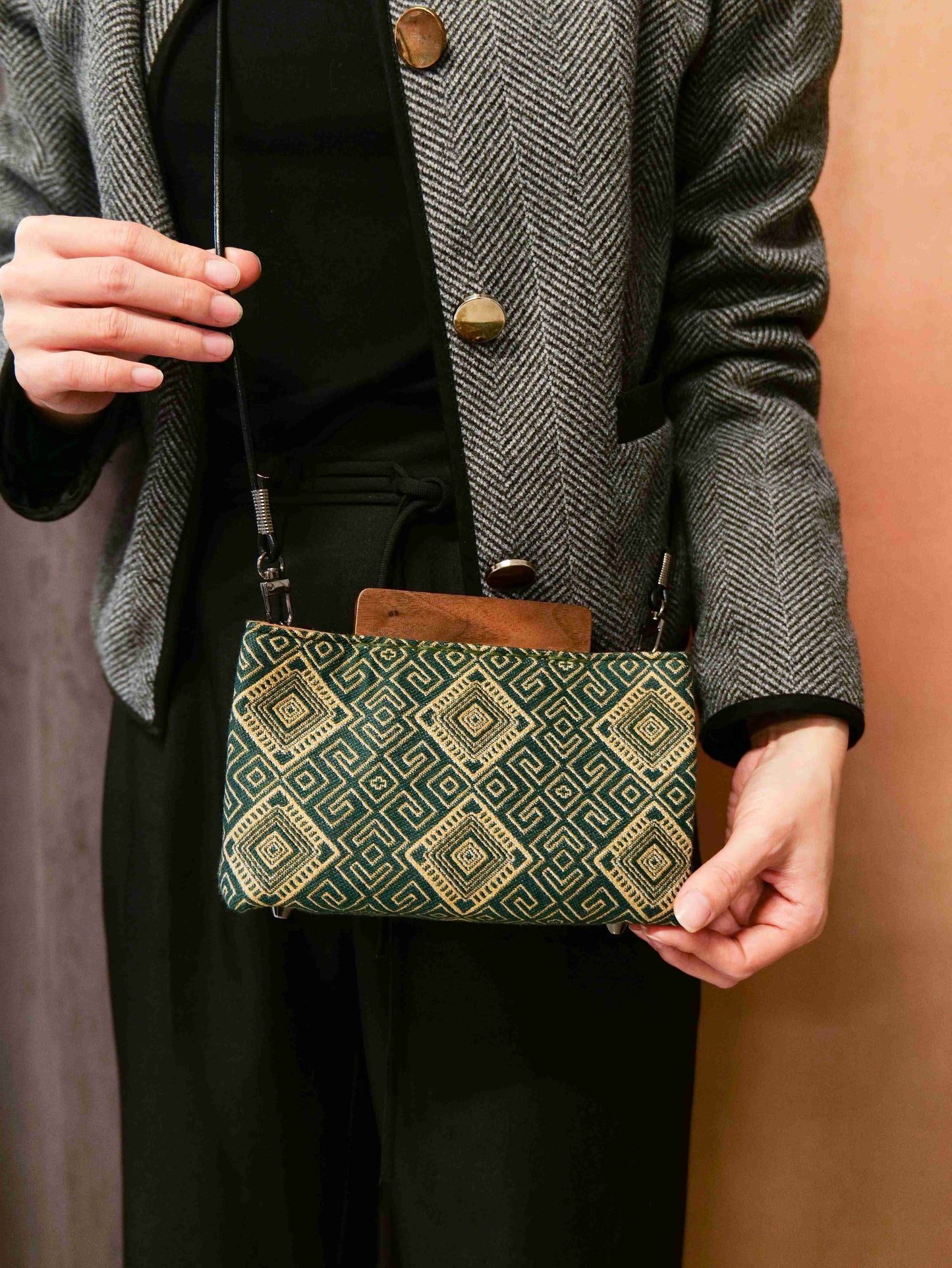 Guangxi Zhuang Brocade Magnetic Clutch Bag with Wooden Accents