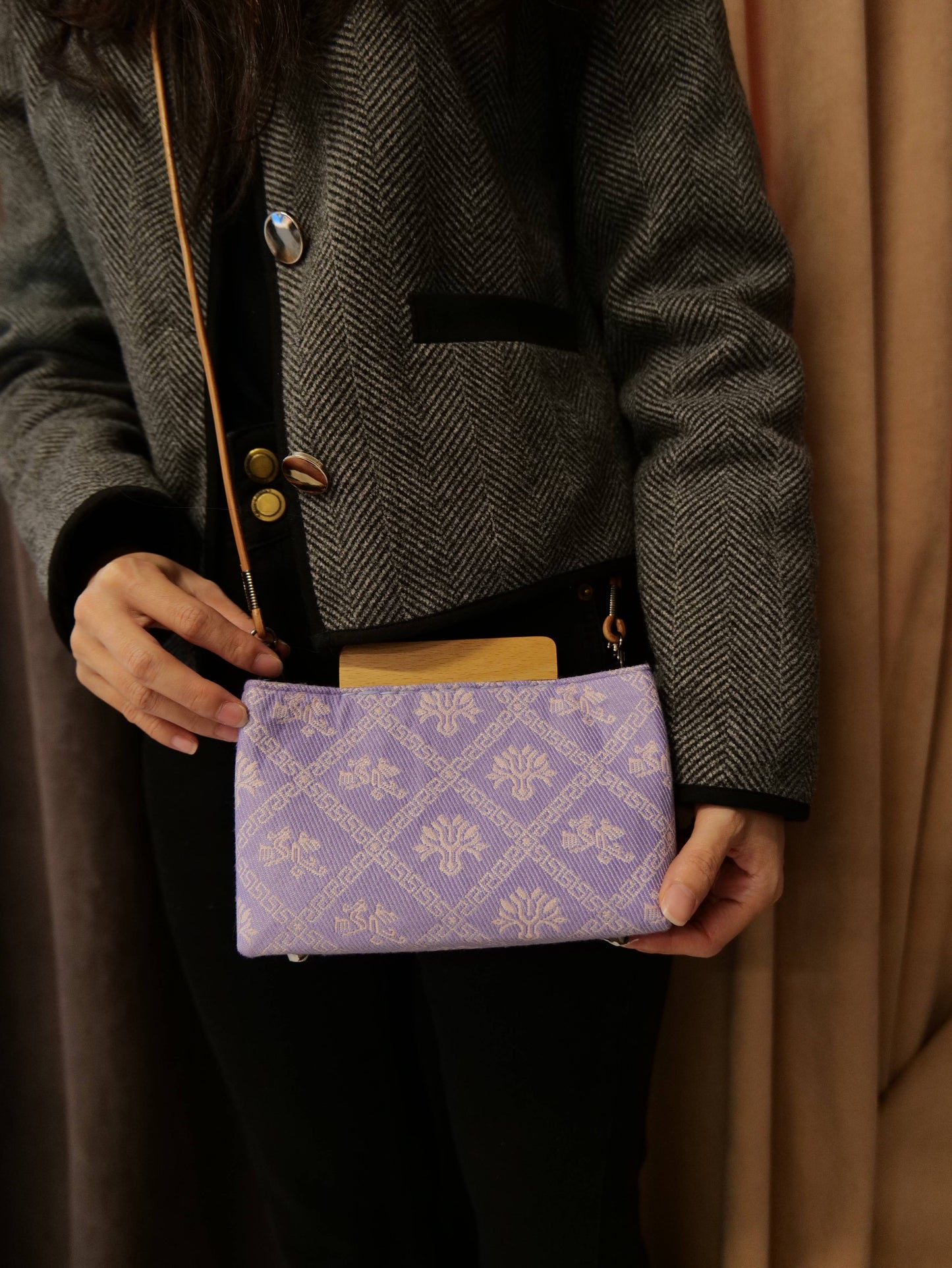 Guangxi Zhuang Brocade Magnetic Clutch Bag with Wooden Accents