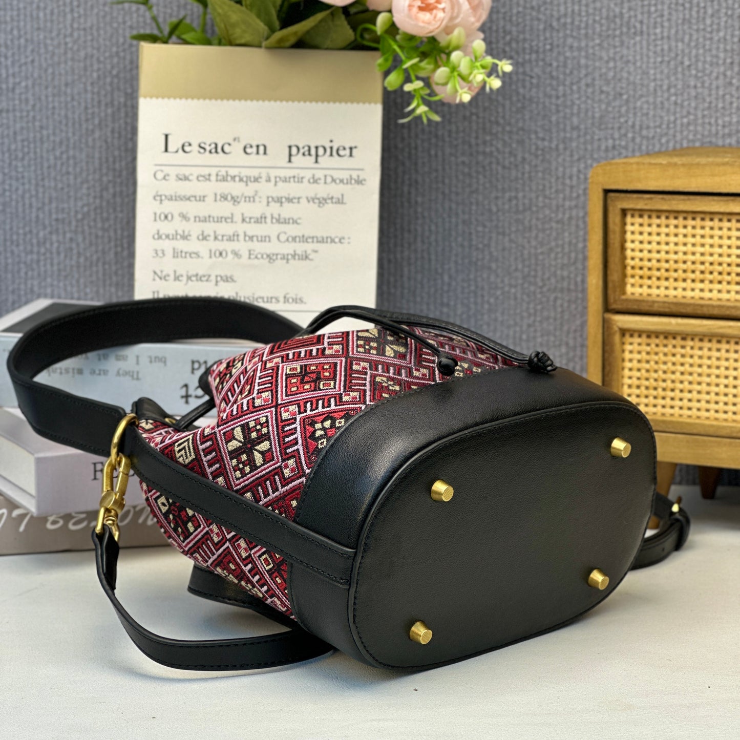 Guangxi Zhuang Brocade Top-Grain Cowhide Red Floral Pattern Clutch Bag Crossbody Bag Handbag