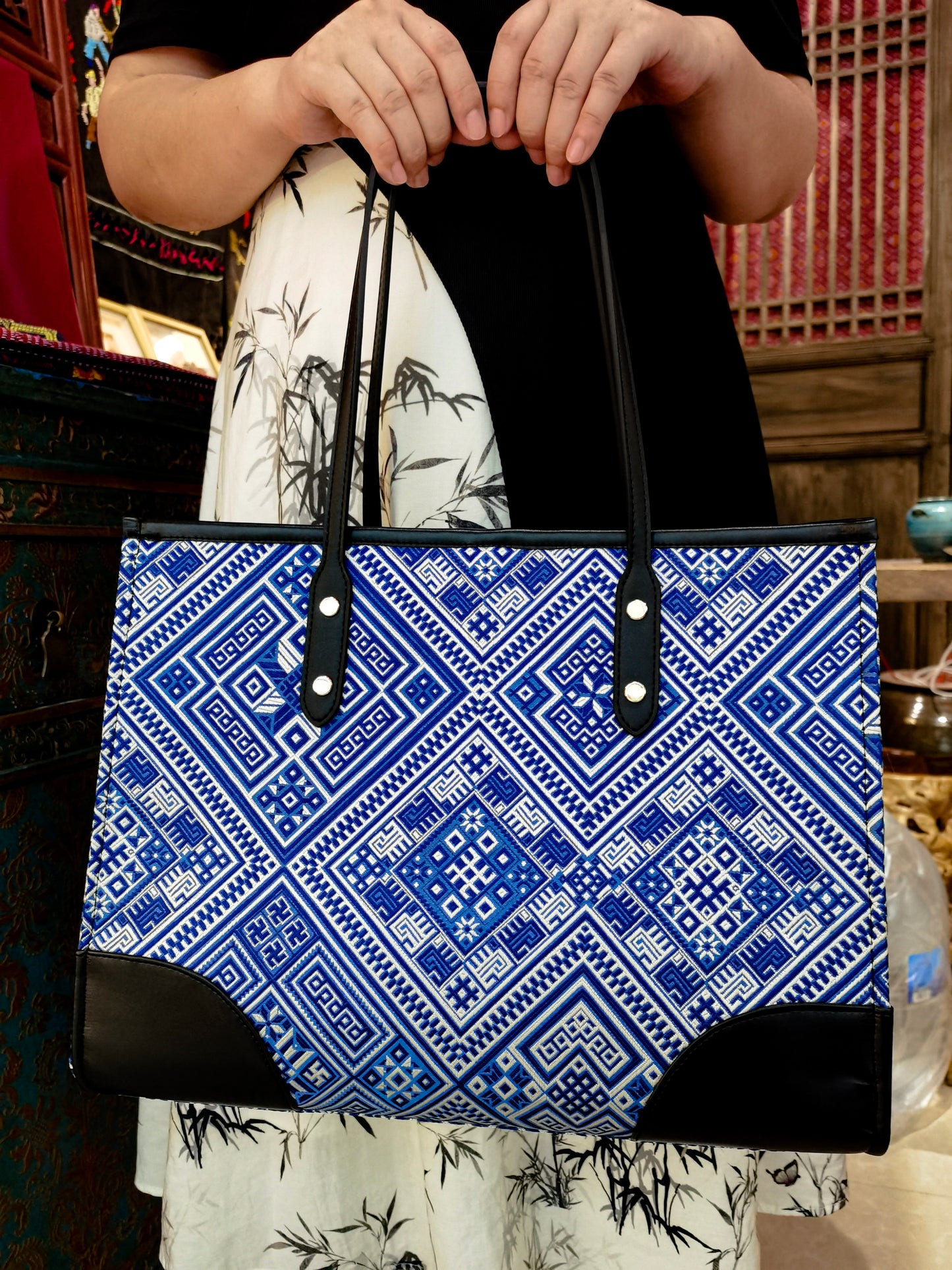 Guangxi Zhuang Brocade Tote Bag with Top-Grain Cowhide Shoulder Strap