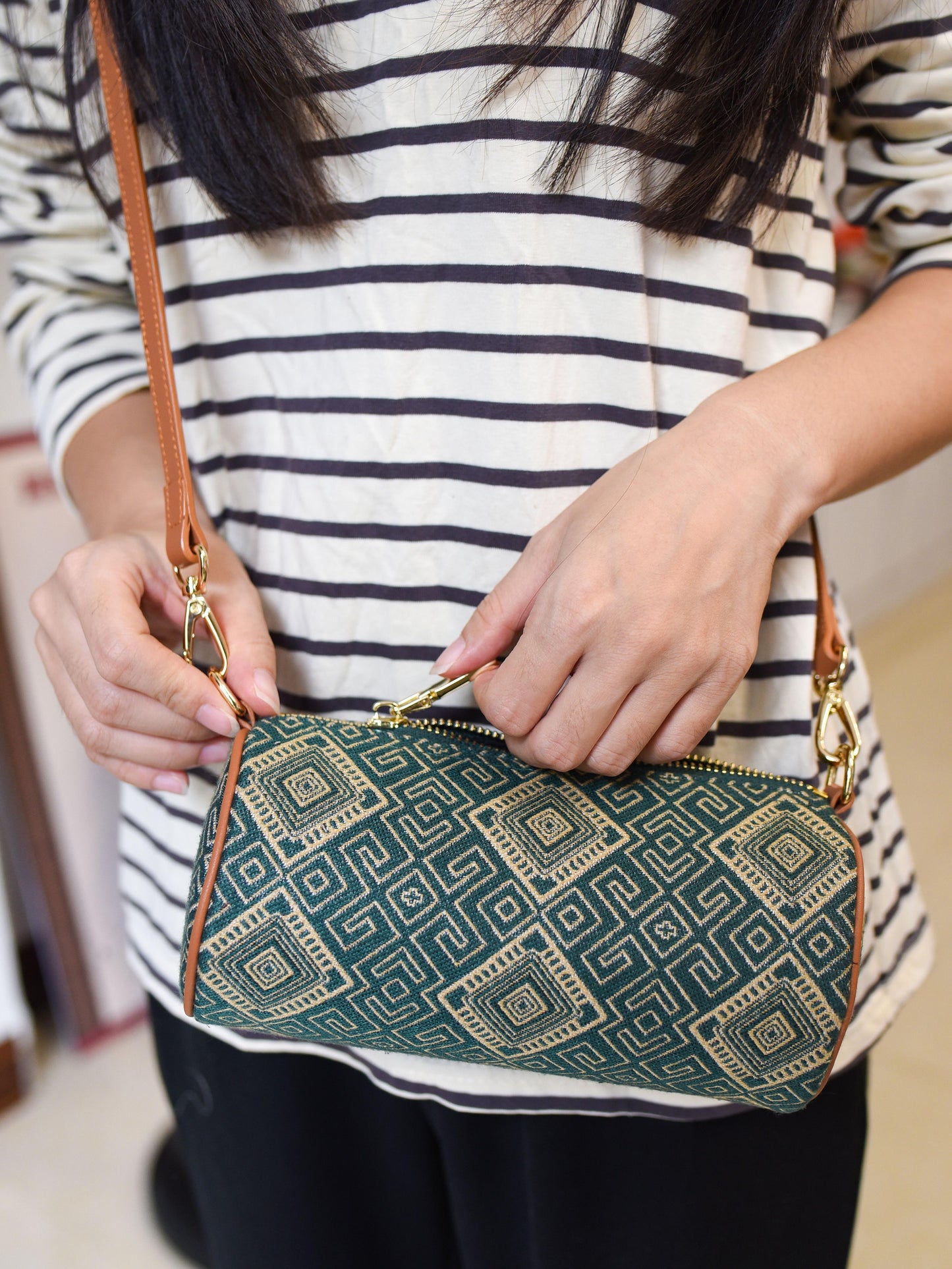 Guangxi Zhuang Brocade Pillow-Style Shoulder Bag with Top-Grain Cowhide Leather