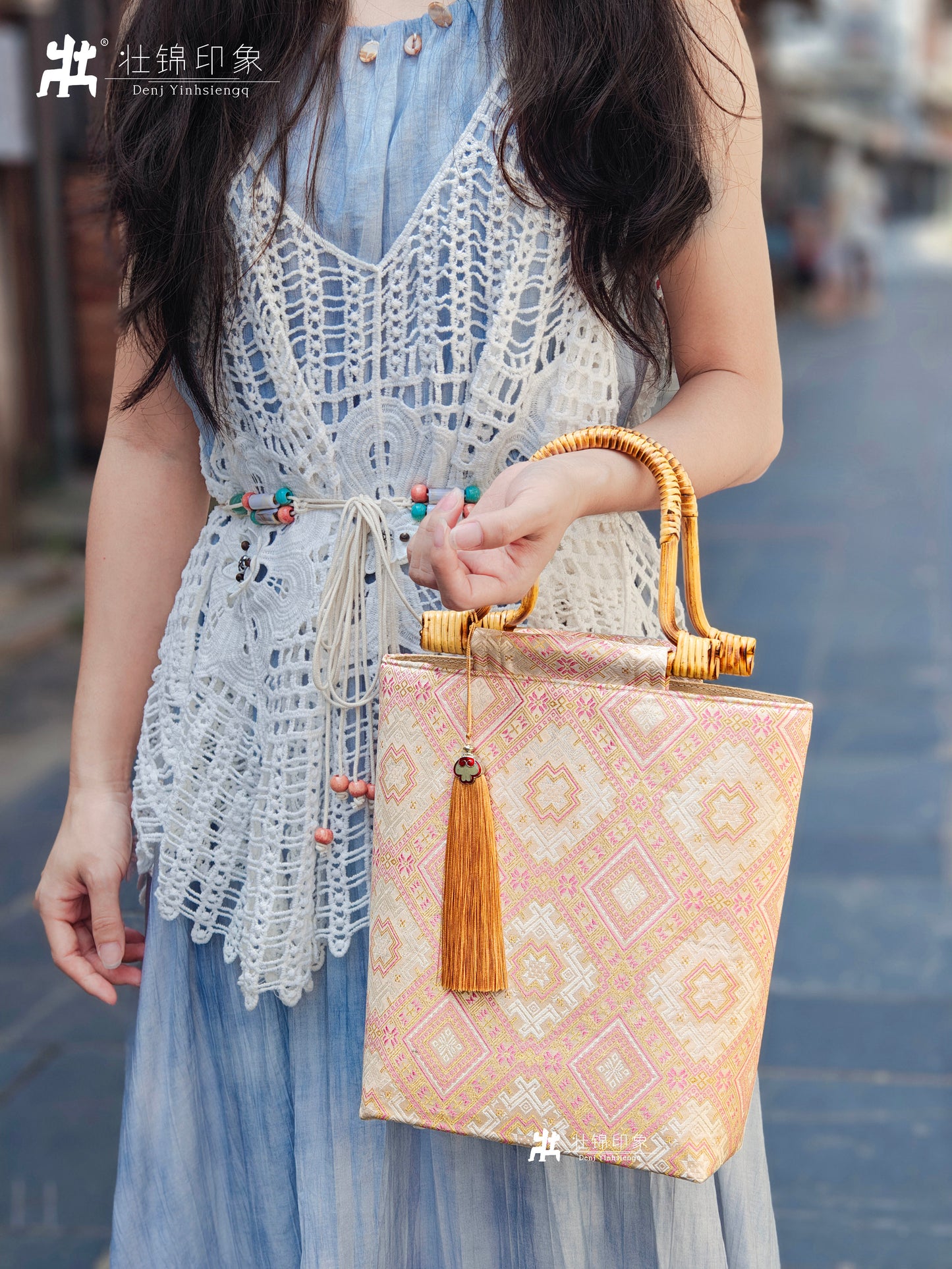 Medium-Sized Rattan Handbag with Guangxi Zhuang Brocade
