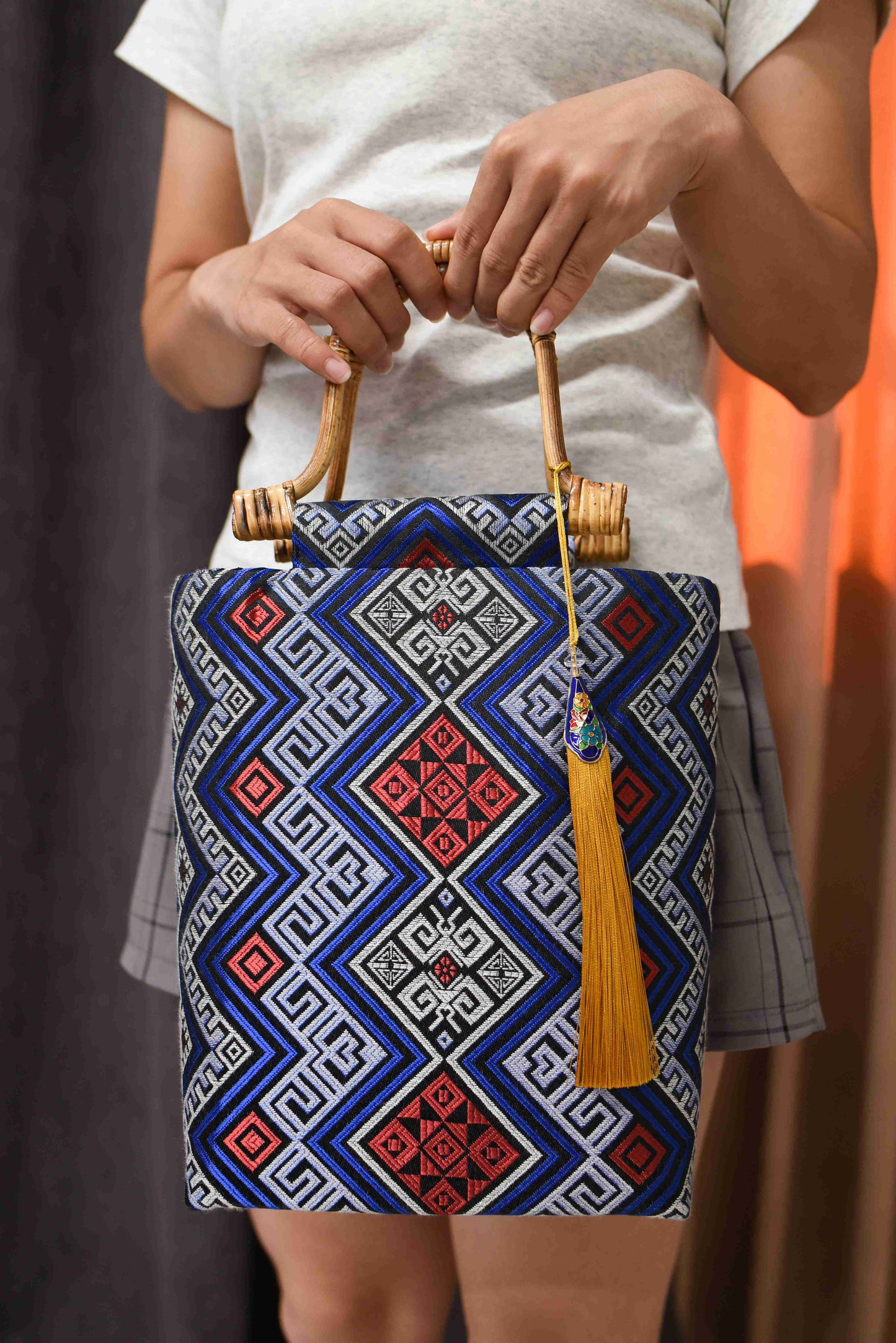 Medium-Sized Rattan Handbag with Guangxi Zhuang Brocade