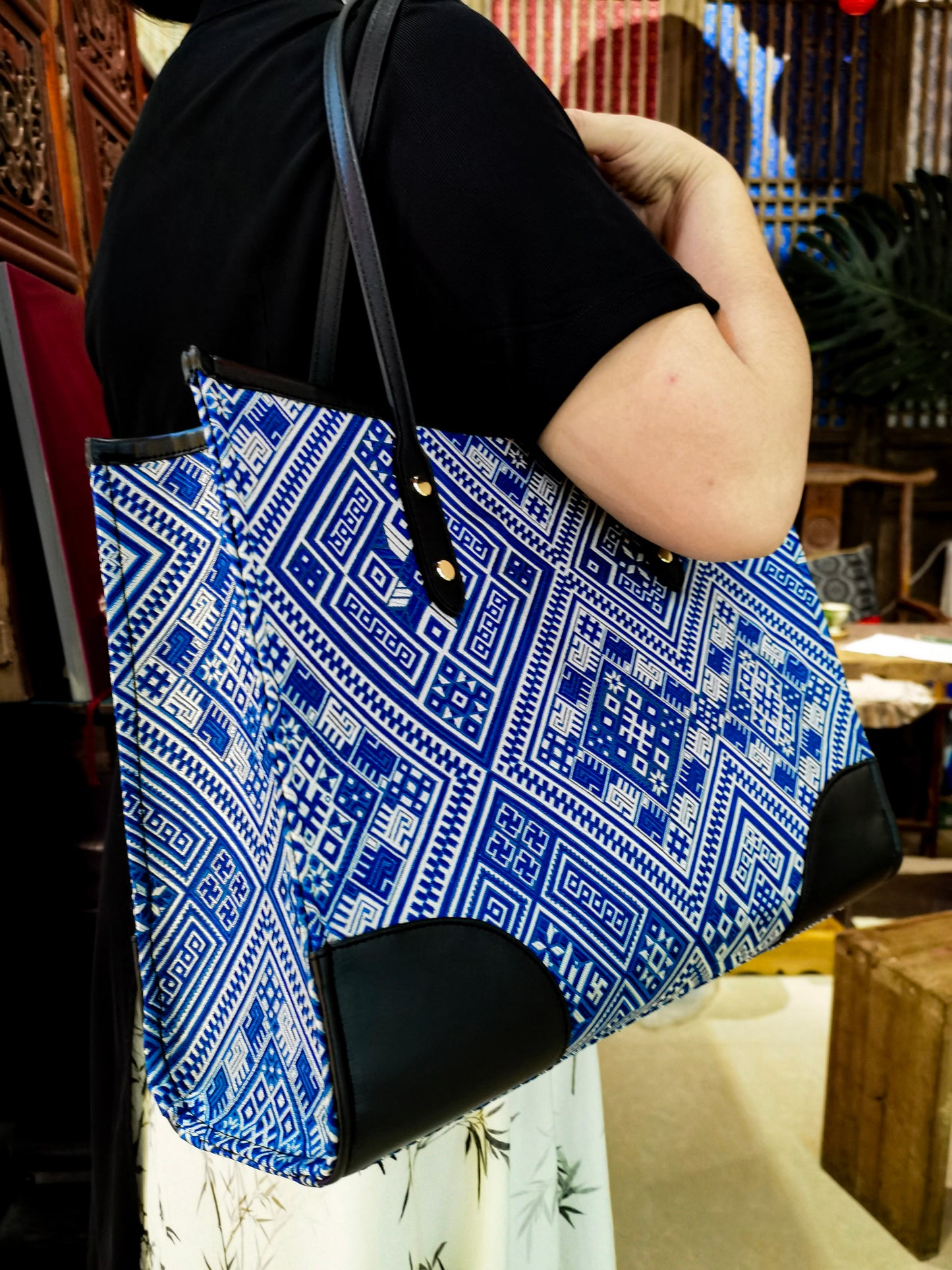 Guangxi Zhuang Brocade Tote Bag with Top-Grain Cowhide Shoulder Strap