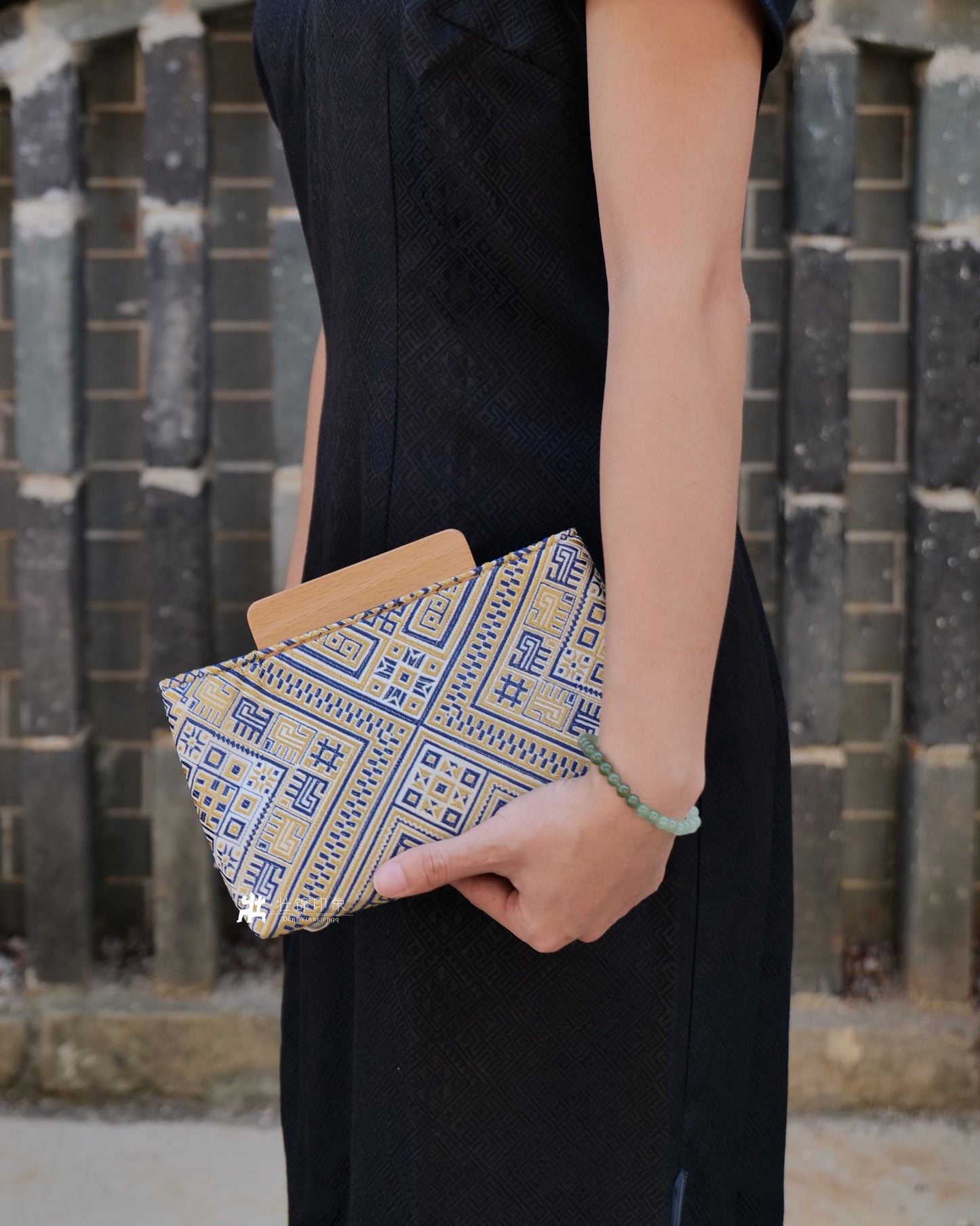 Guangxi Zhuang Brocade Magnetic Clutch Bag with Wooden Accents