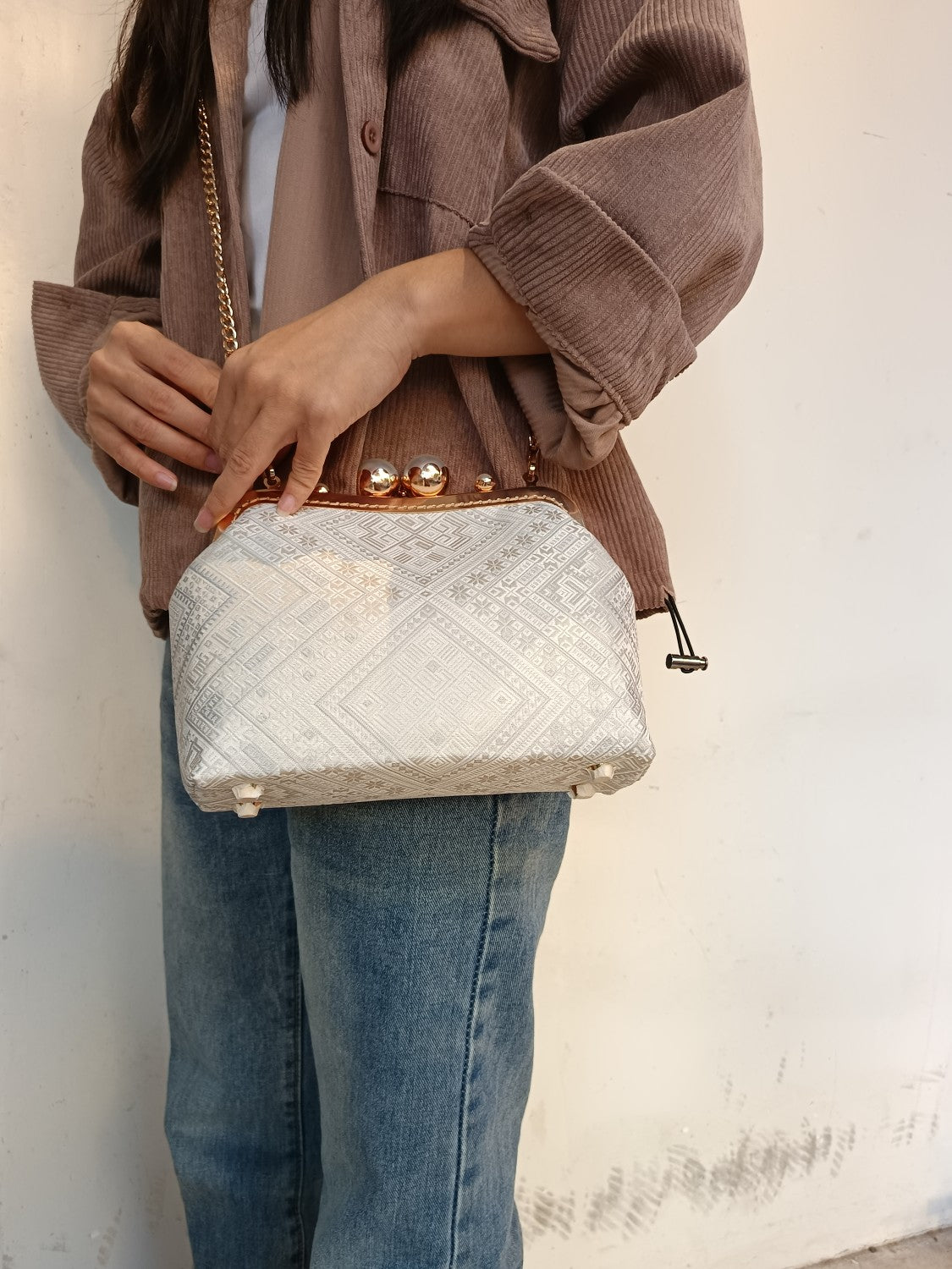 Guangxi Zhuang Brocade Pearl Clasp Crossbody Bag