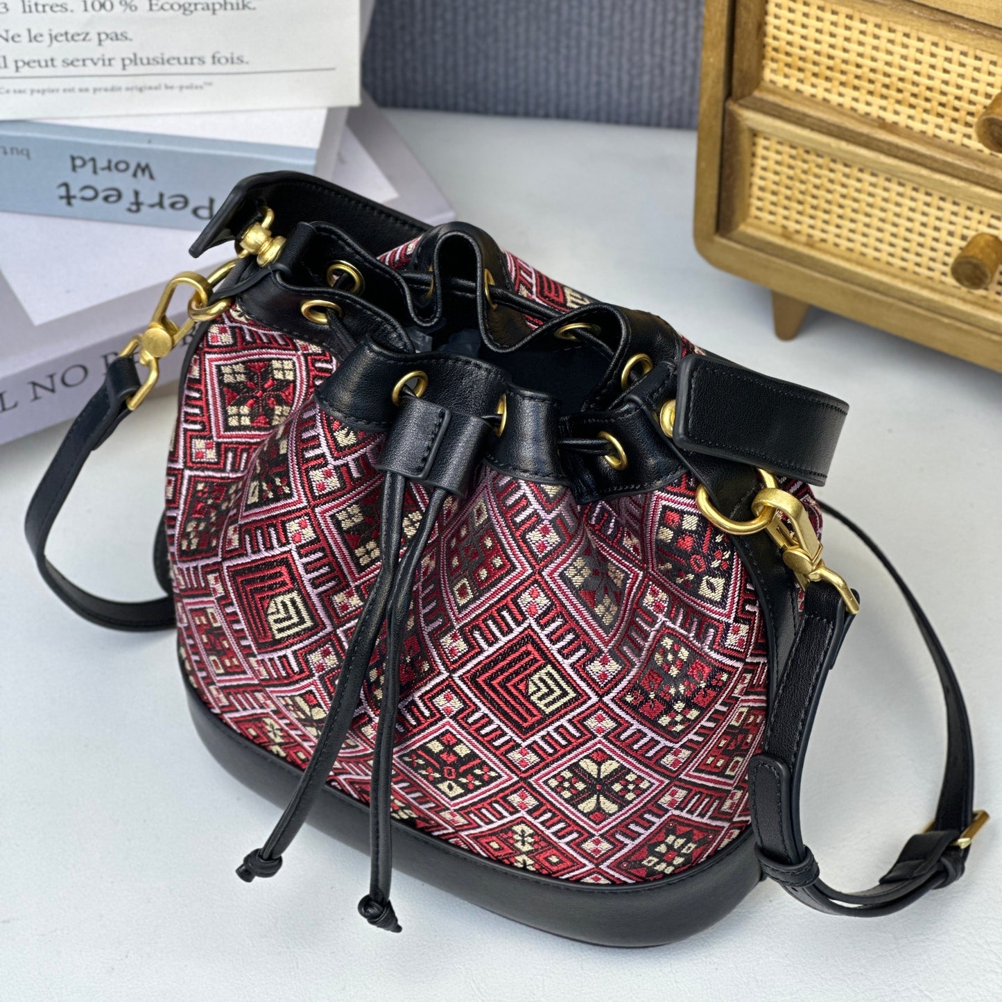 Guangxi Zhuang Brocade Top-Grain Cowhide Red Floral Pattern Clutch Bag Crossbody Bag Handbag