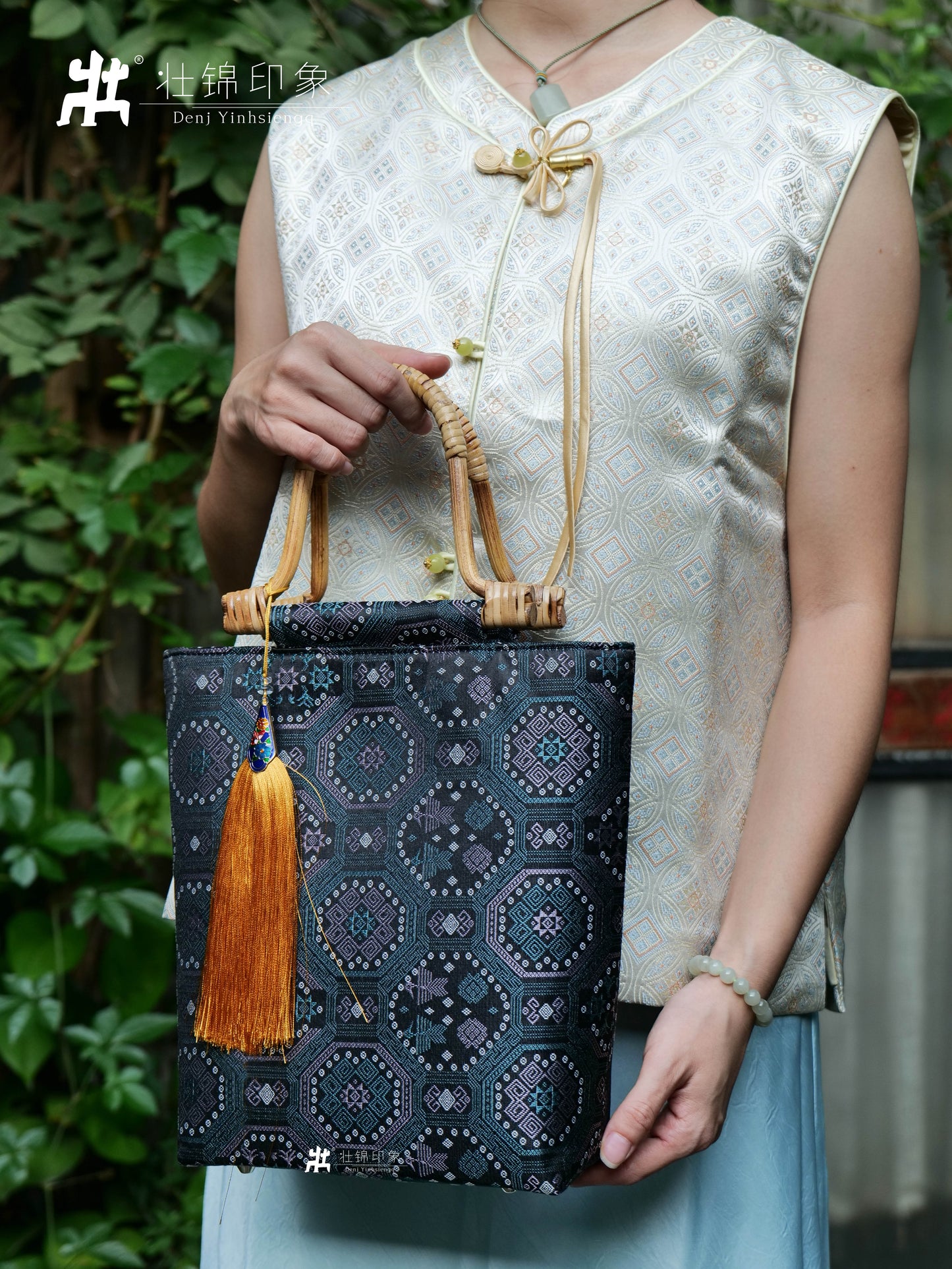 Medium-Sized Rattan Handbag with Guangxi Zhuang Brocade