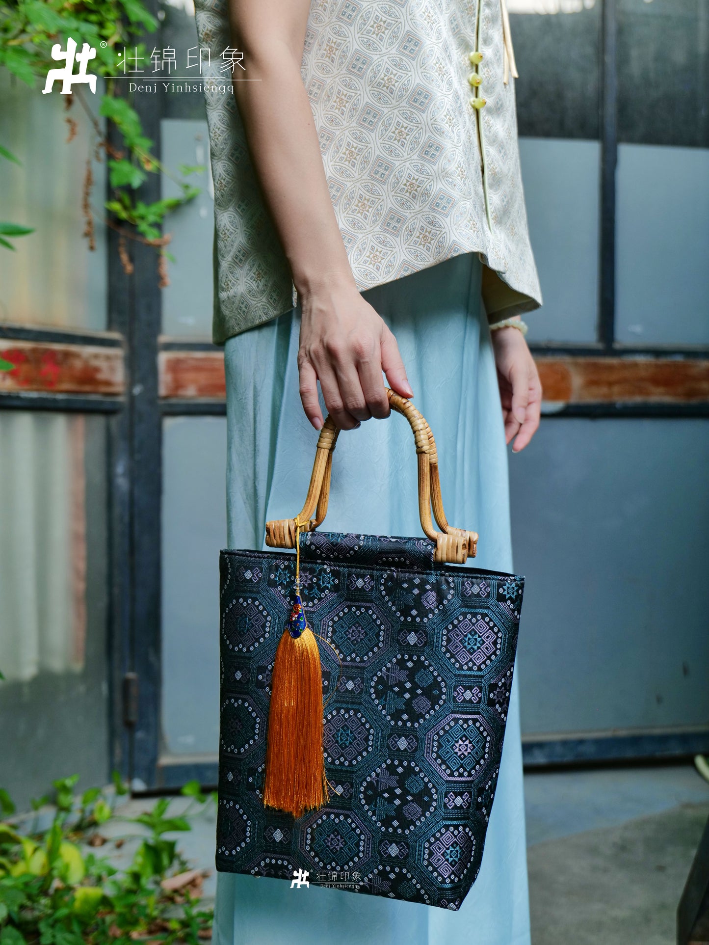 Medium-Sized Rattan Handbag with Guangxi Zhuang Brocade