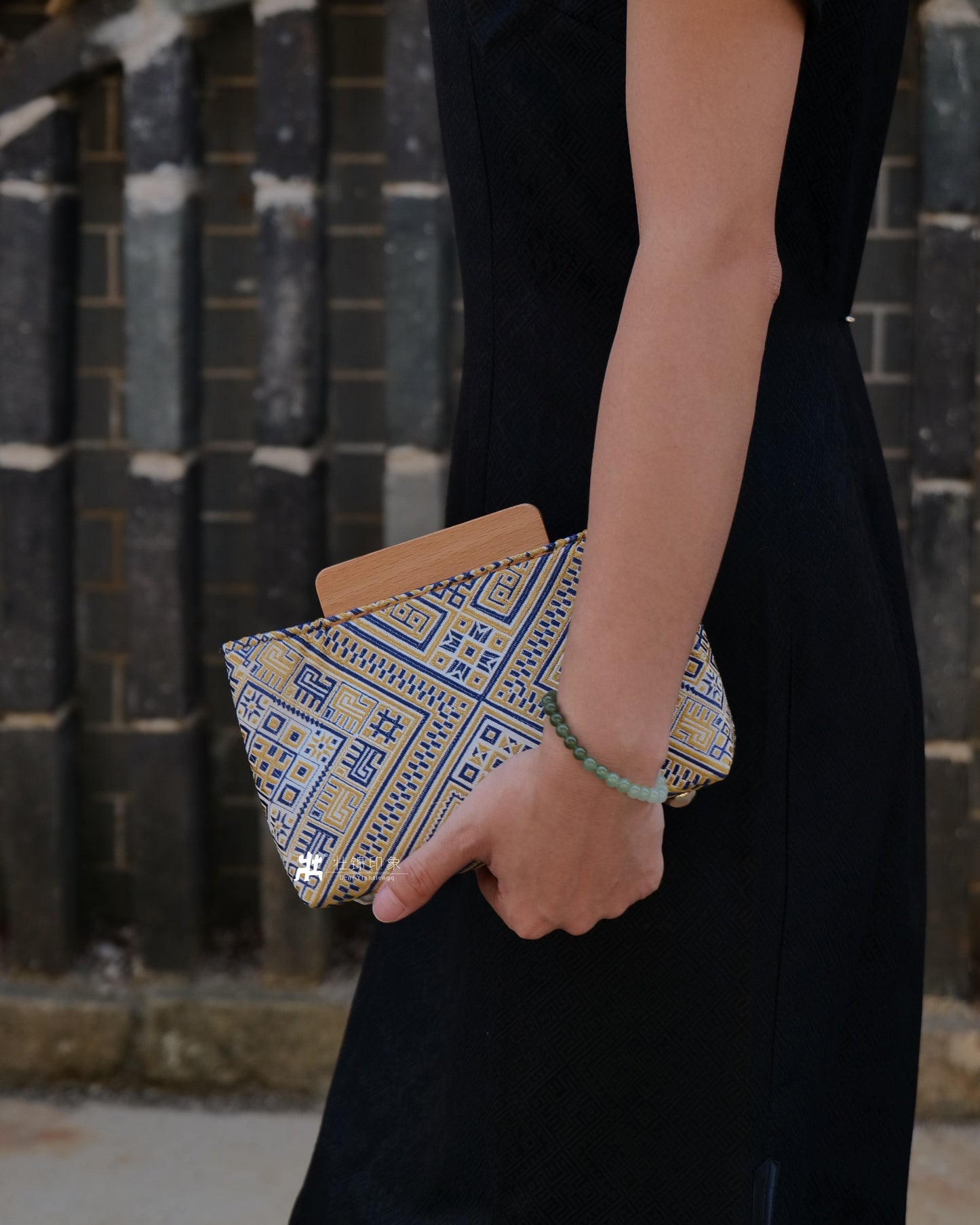 Guangxi Zhuang Brocade Magnetic Clutch Bag with Wooden Accents