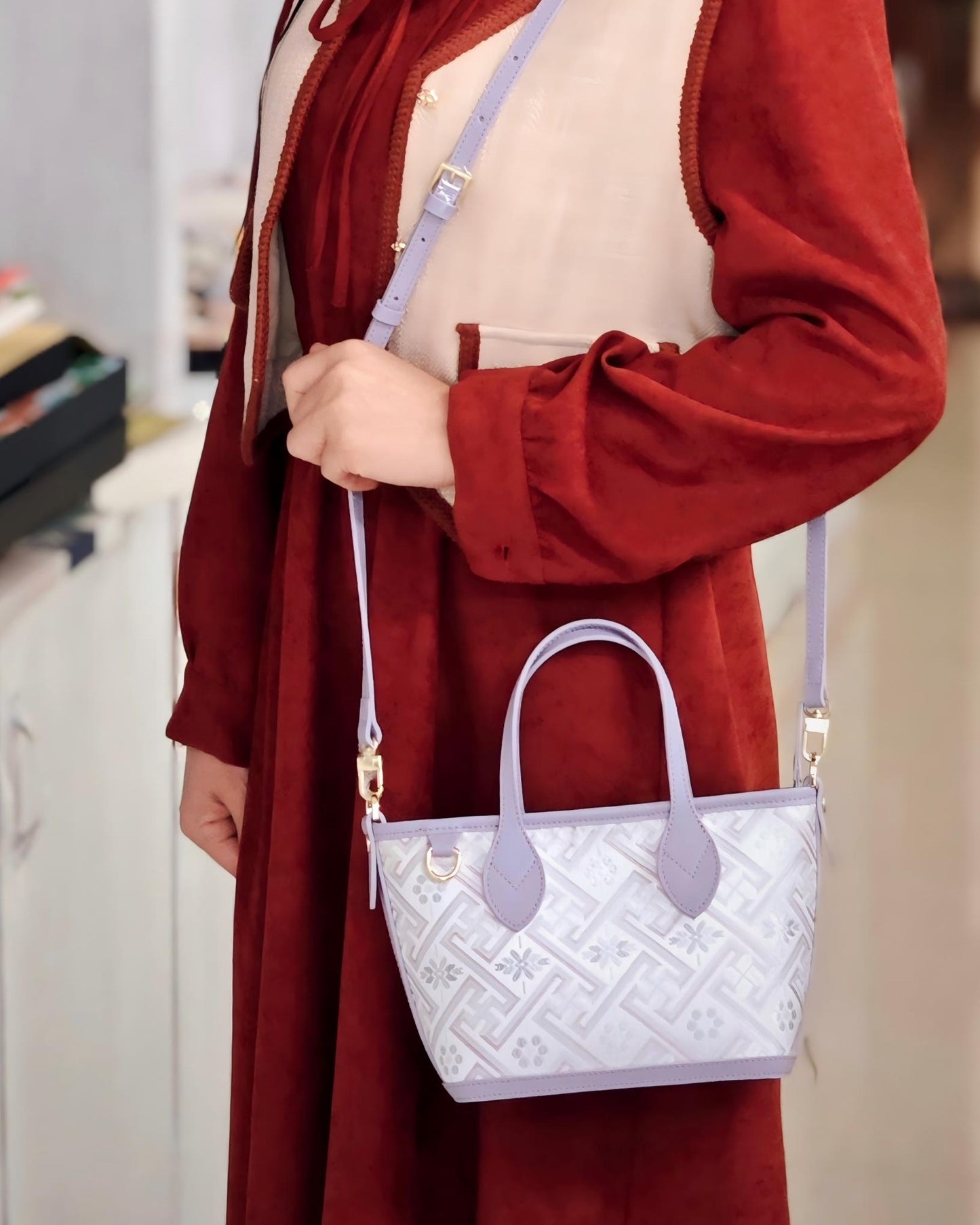 Guangxi Zhuang Brocade Top-Grain Cowhide Handbag and Crossbody Bag
