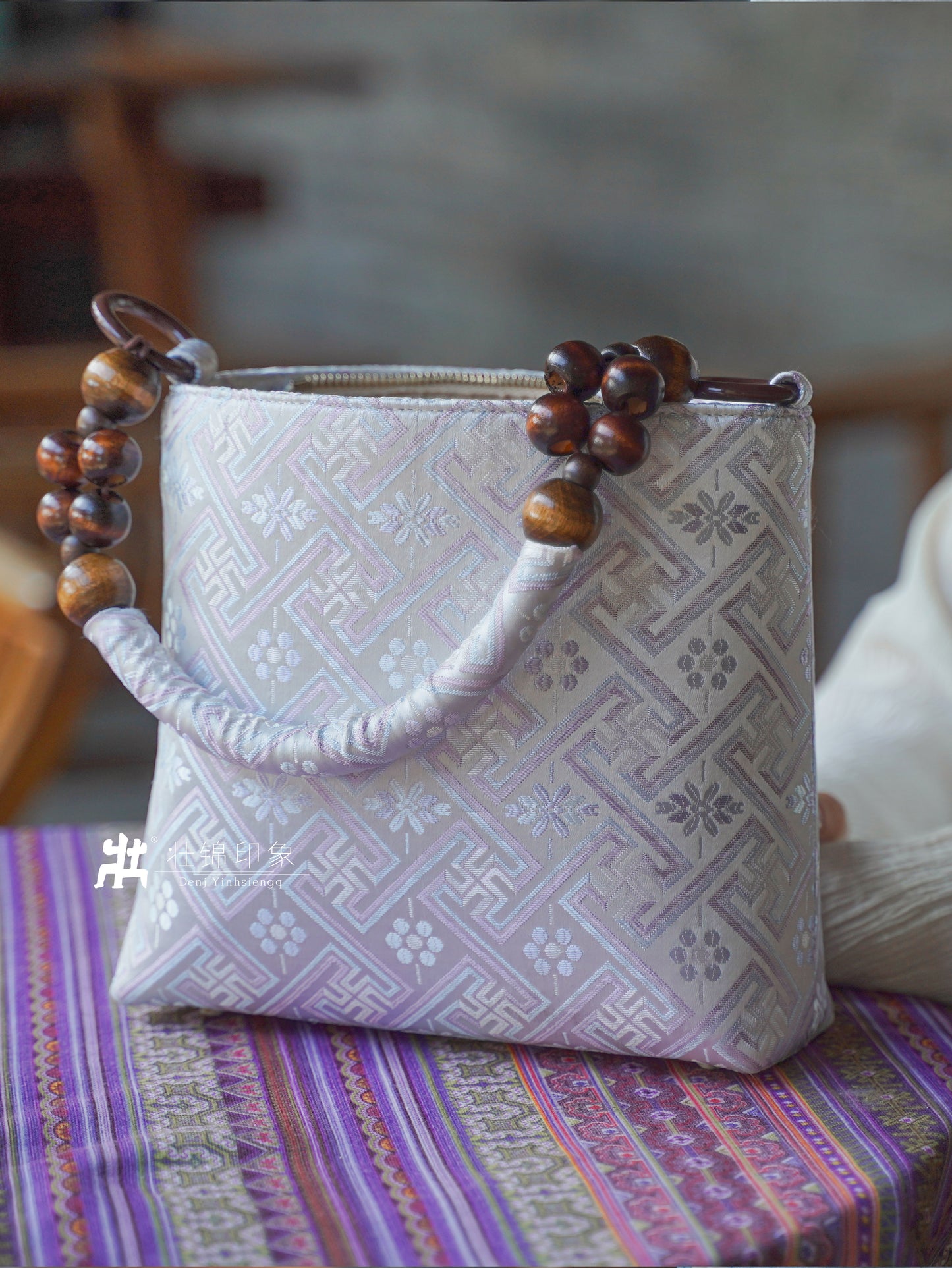 Guangxi Zhuang Brocade Wooden Bead Handbag and Shoulder Bag