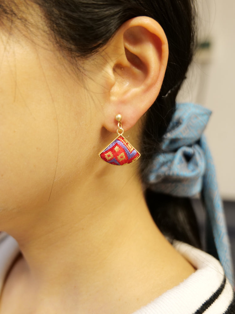 Guangxi Zhuang Brocade Patchwork Fan-Shaped Handmade Earrings