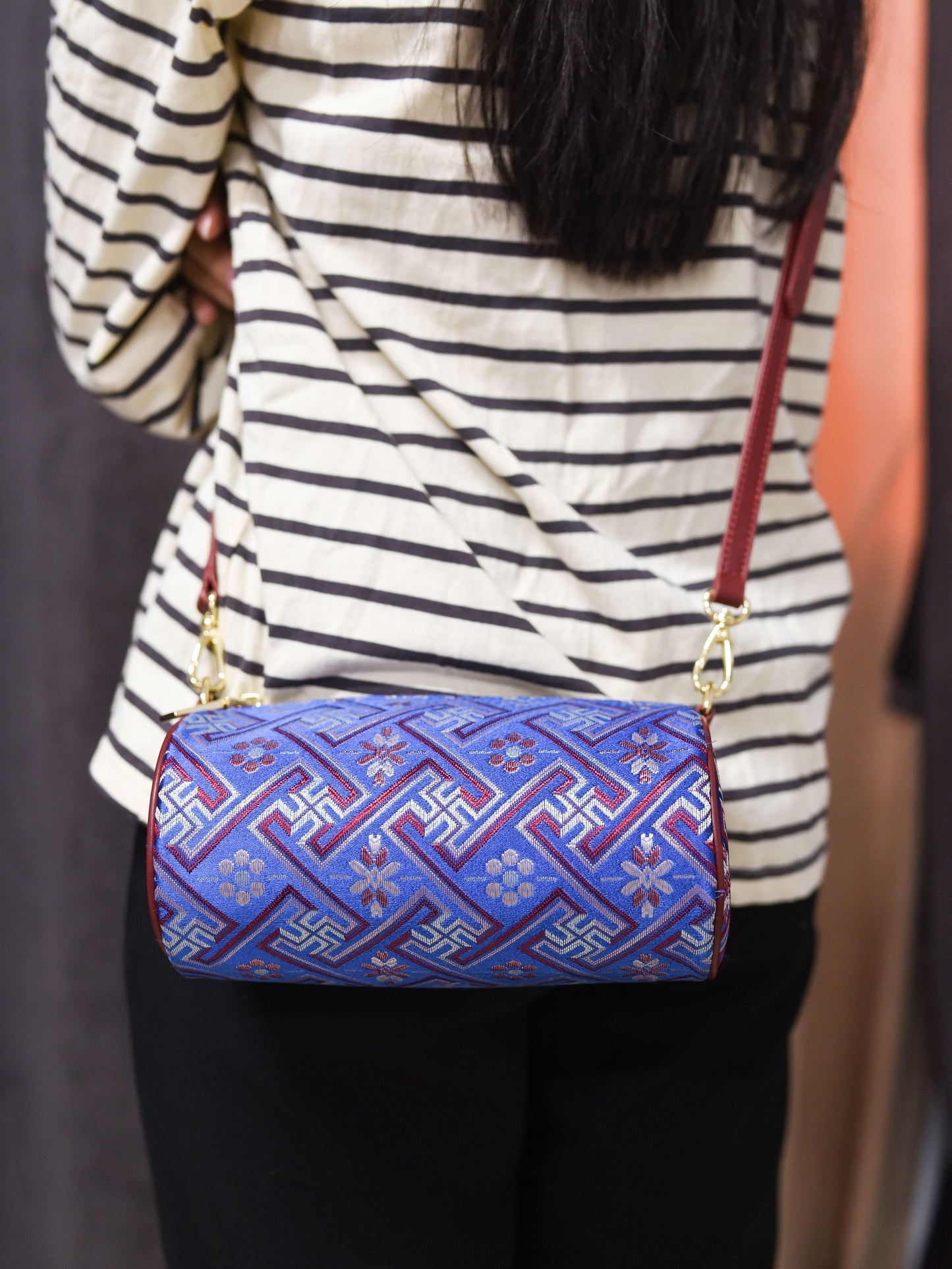 Guangxi Zhuang Brocade Pillow-Style Shoulder Bag with Top-Grain Cowhide Leather