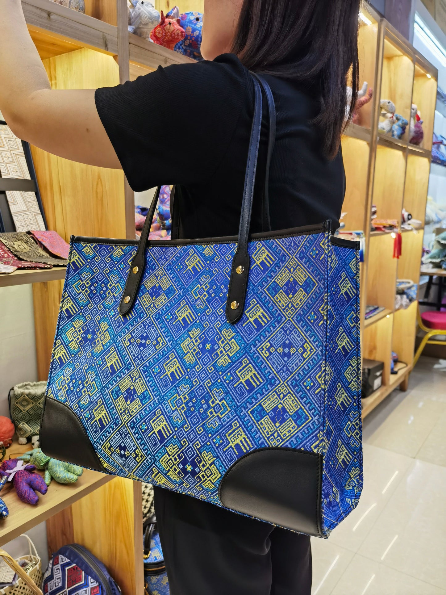 Guangxi Zhuang Brocade Tote Bag with Top-Grain Cowhide Shoulder Strap