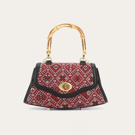 Guangxi Zhuang Brocade Red Floral Pattern Top-Grain Cowhide Leather Genuine Leather Clutch Bag / Crossbody Bag