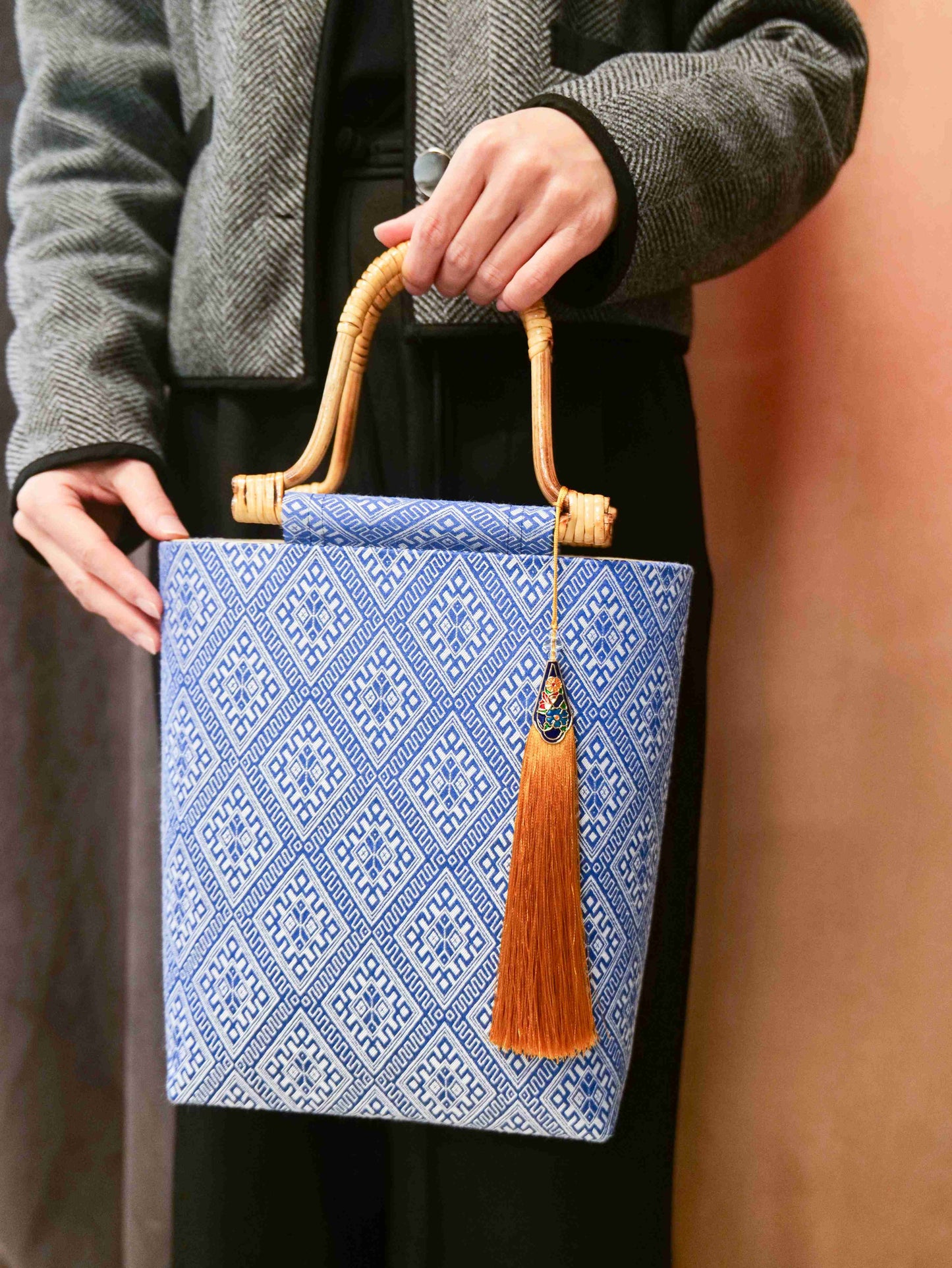 Medium-Sized Rattan Handbag with Guangxi Zhuang Brocade