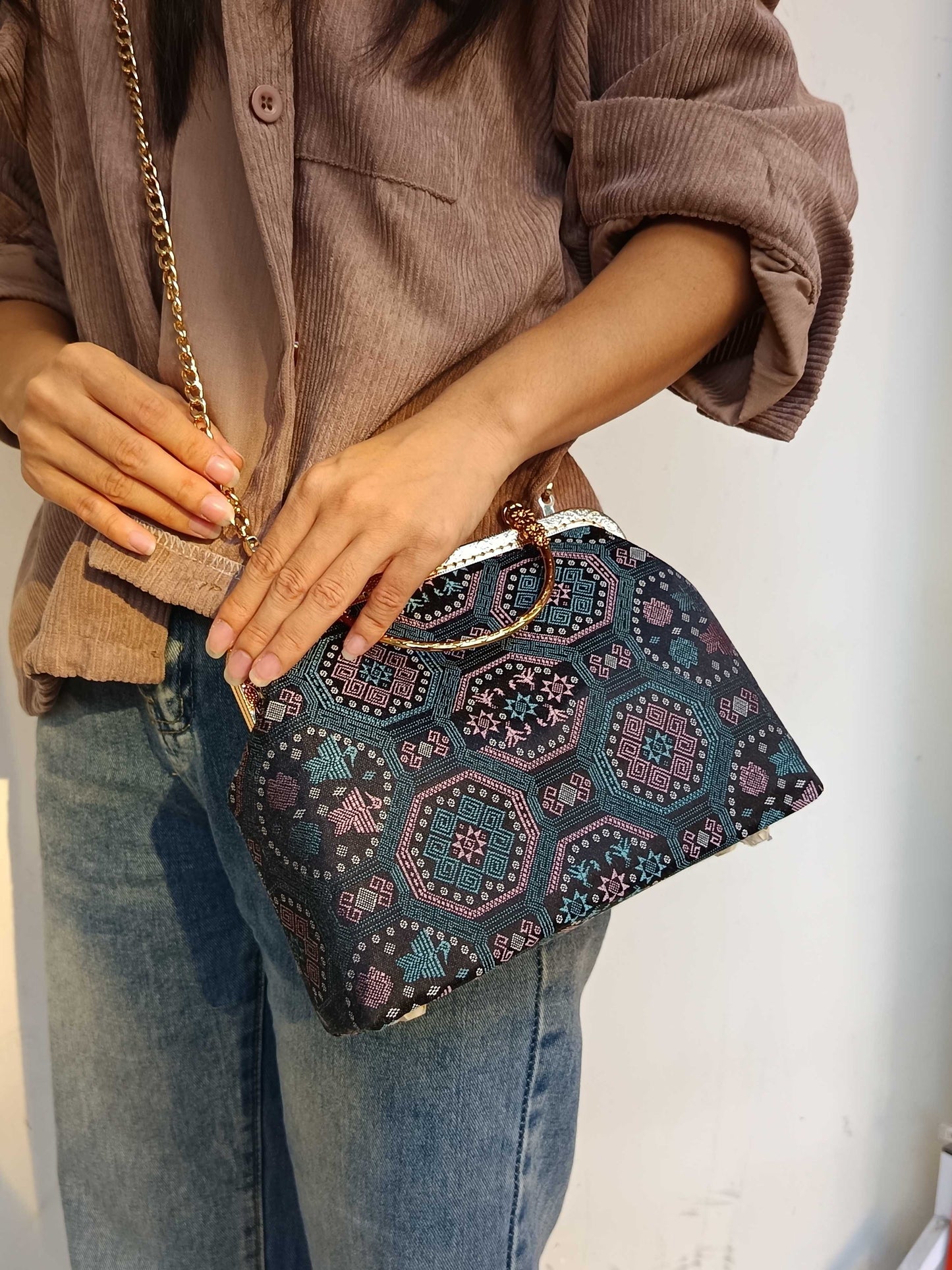 Guangxi Zhuang Brocade Three-Flower Clutch Handbag Crossbody Bag