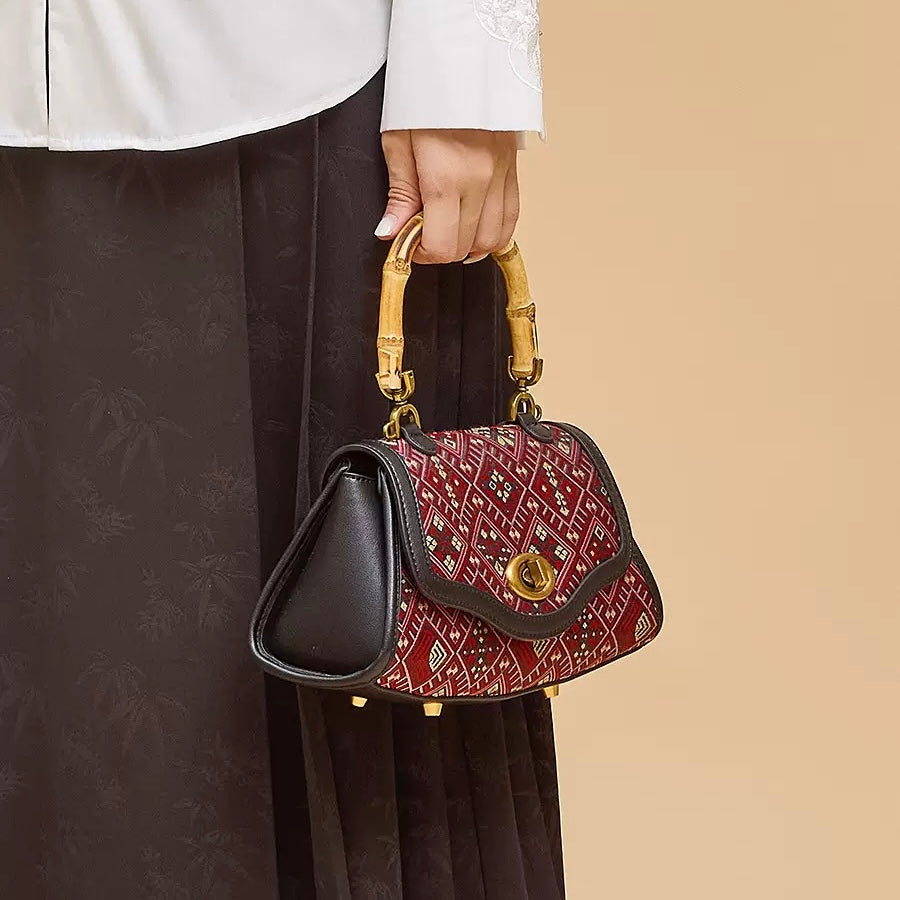 Guangxi Zhuang Brocade Red Floral Pattern Top-Grain Cowhide Leather Genuine Leather Clutch Bag / Crossbody Bag