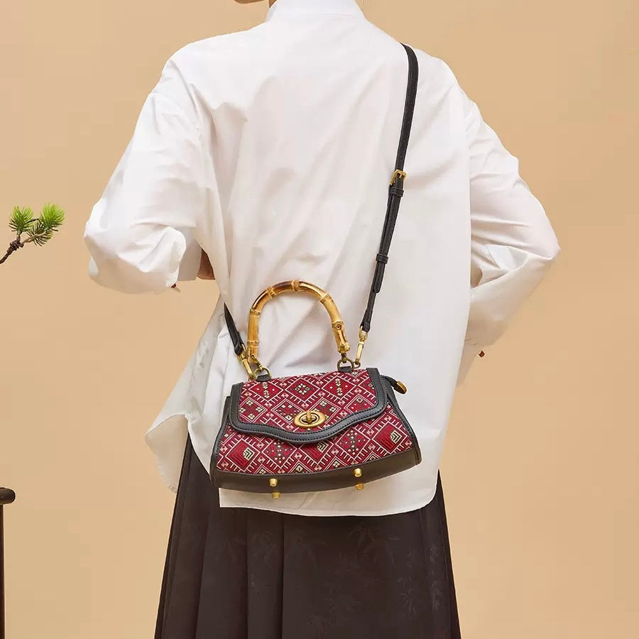 Guangxi Zhuang Brocade Red Floral Pattern Top-Grain Cowhide Leather Genuine Leather Clutch Bag / Crossbody Bag
