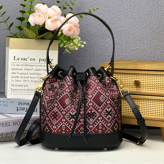 Guangxi Zhuang Brocade Top-Grain Cowhide Red Floral Pattern Clutch Bag Crossbody Bag Handbag