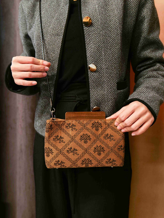 Guangxi Zhuang Brocade Magnetic Clutch Bag with Wooden Accents