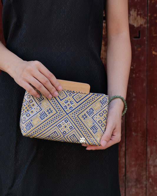Guangxi Zhuang Brocade Magnetic Clutch Bag with Wooden Accents