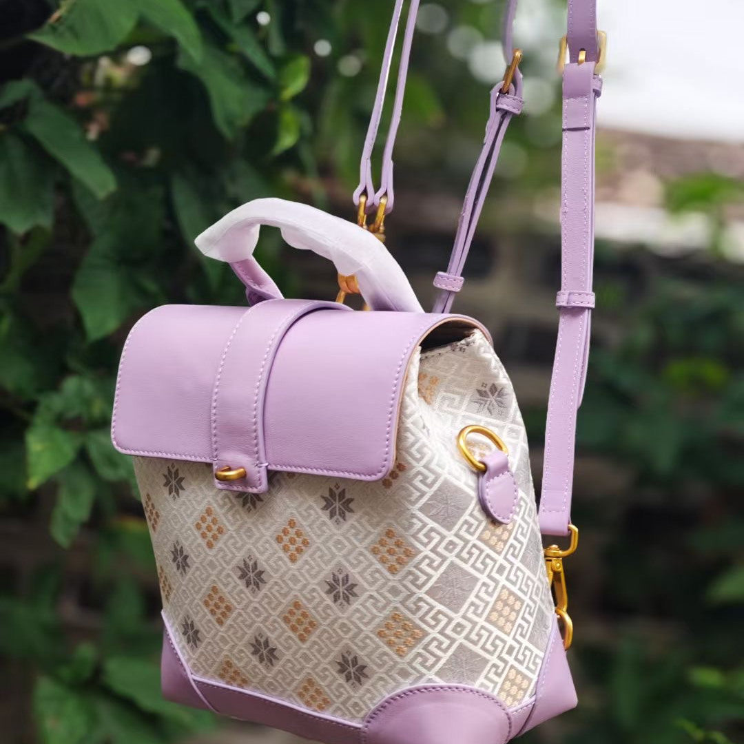 Guangxi Zhuang Brocade Top-Grain Cowhide Handcrafted Backpack Waterproof and Stain-Resistant Backpack