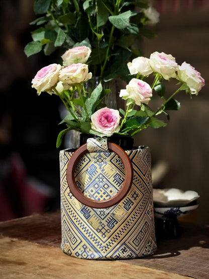 Guangxi Zhuang Brocade Round-Handled Wooden-Handle Bucket Bag