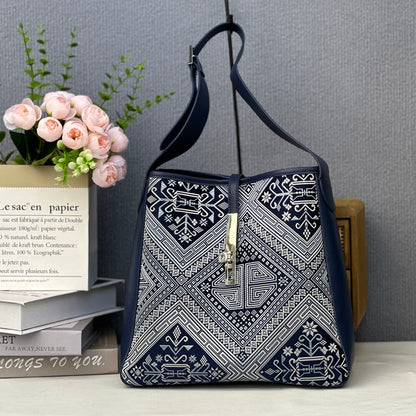 Guangxi Zhuang Brocade Silk Top-Grain Cowhide Tote Bag Handheld Crossbody Bag