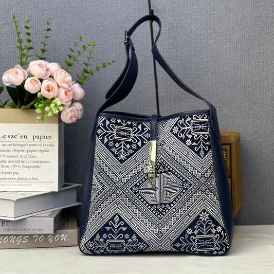 Guangxi Zhuang Brocade Silk Top-Grain Cowhide Tote Bag Handheld Crossbody Bag