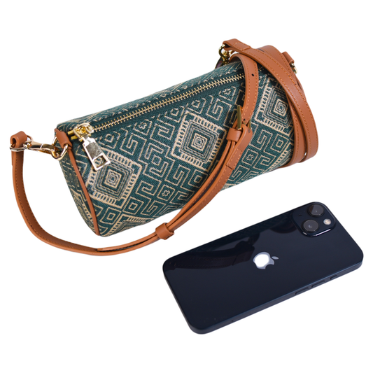 Guangxi Zhuang Brocade Pillow-Style Shoulder Bag with Top-Grain Cowhide Leather