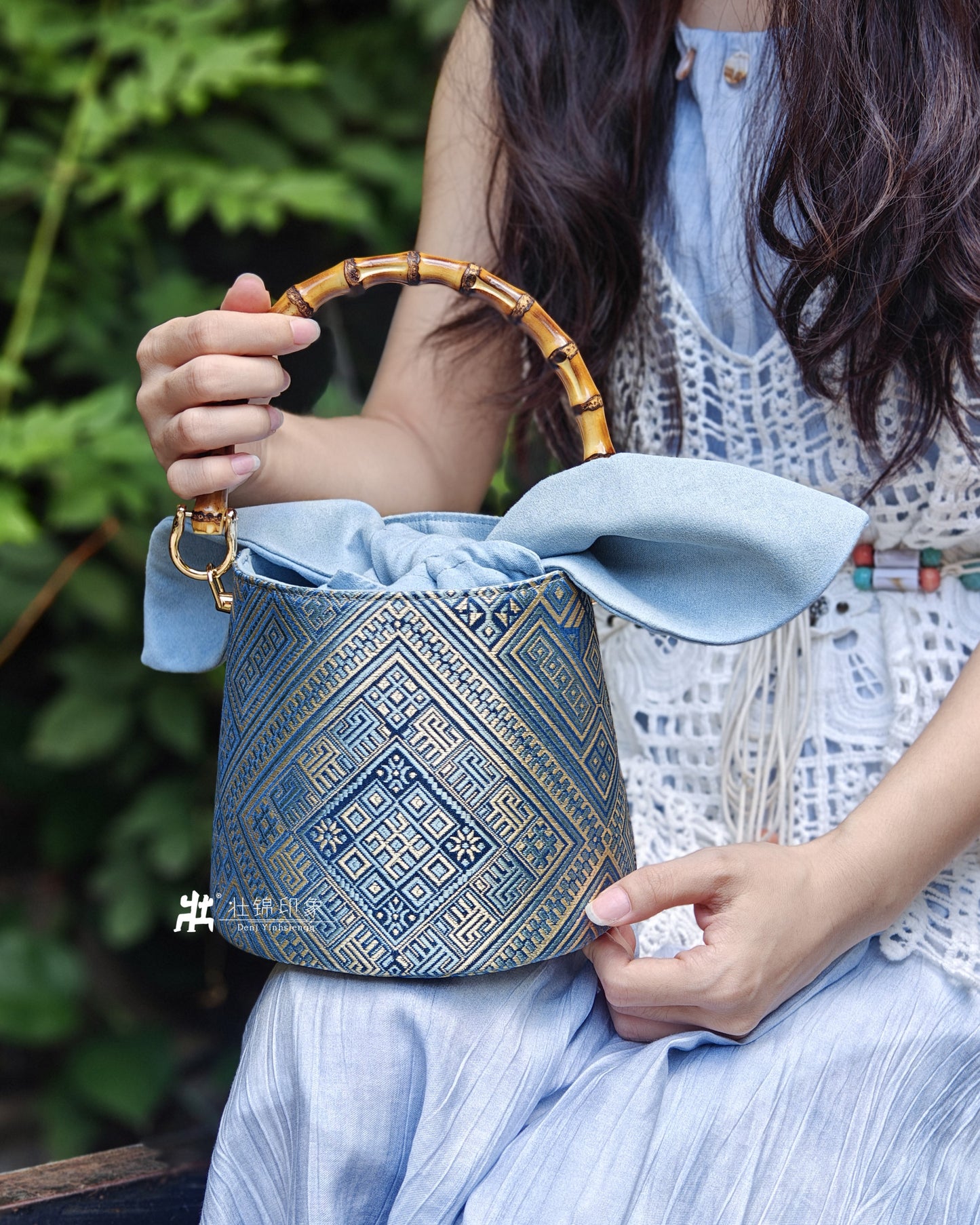 Guangxi Zhuang Brocade Bamboo-Knot Rabbit-Ear Bucket Bag Handheld Crossbody Bag
