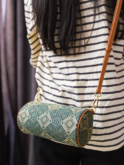 Guangxi Zhuang Brocade Pillow-Style Shoulder Bag with Top-Grain Cowhide Leather