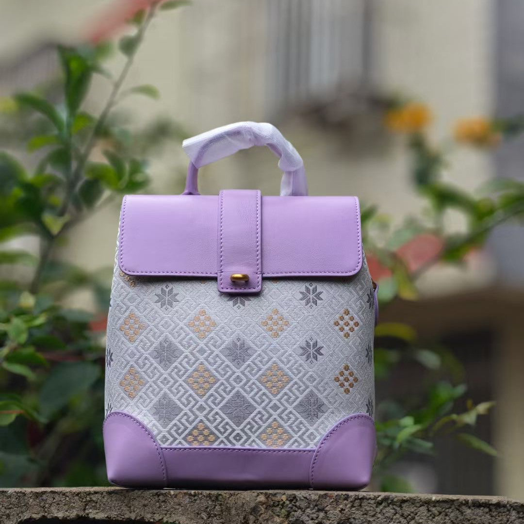 Guangxi Zhuang Brocade Top-Grain Cowhide Handcrafted Backpack Waterproof and Stain-Resistant Backpack