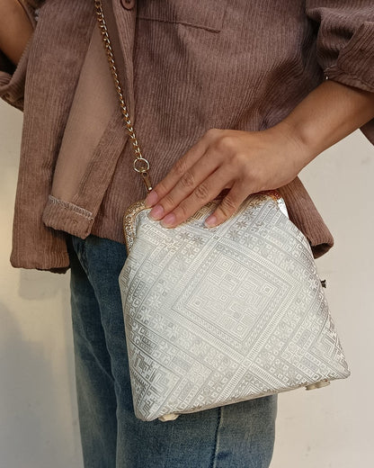Guangxi Zhuang Brocade Clutch Bag with Smooth Leather Shoulder Strap