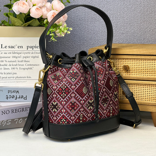 Guangxi Zhuang Brocade Top-Grain Cowhide Red Floral Pattern Clutch Bag Crossbody Bag Handbag