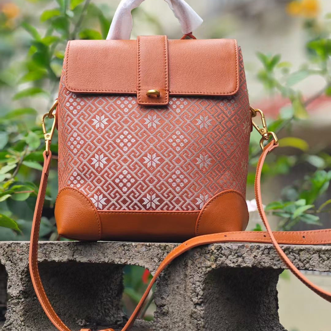 Guangxi Zhuang Brocade Top-Grain Cowhide Handcrafted Backpack Waterproof and Stain-Resistant Backpack