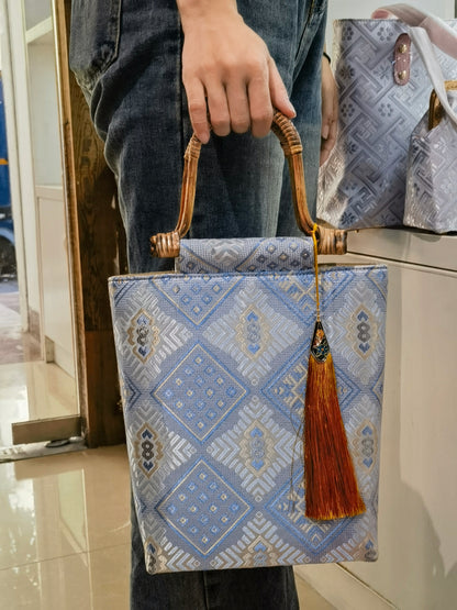 Medium-Sized Rattan Handbag with Guangxi Zhuang Brocade