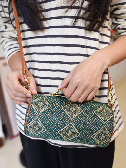 Guangxi Zhuang Brocade Pillow-Style Shoulder Bag with Top-Grain Cowhide Leather